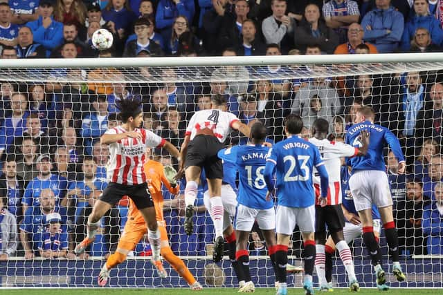 PSV's Armando Obispo scores unmarked from a corner to make it 2-2 at Ibrox.