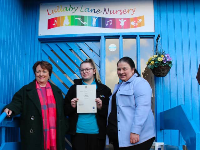 Rona Mackay MSP meets apprentice Chloe Winning and nursery manager Donna Adams
