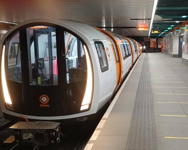 One of the new trains on the Glasgow Subway for the first time at Govan station on 4 December. Picture: SPT