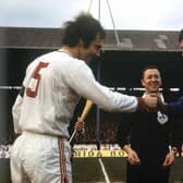 Dave Smith (right) - captain of Rangers in place of the injured John Greig - shakes hands with Bayern Munich legend Franz Beckenbauer before kick-off at Ibrox in the second leg of the Cup Winners' Cup semi-final in April 1972. (Photo by SNS Group).