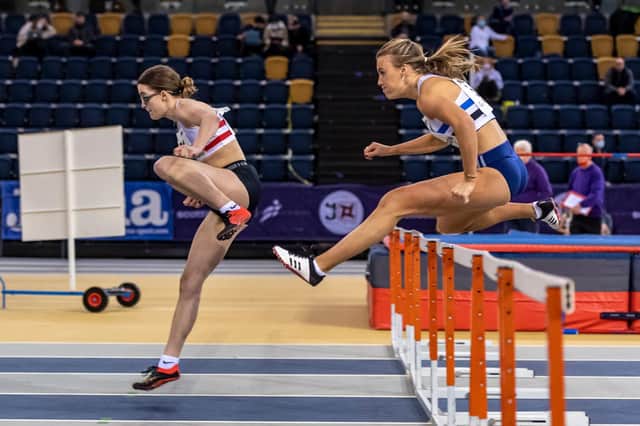 Emma Canning (right) on her way to victory in the National Combined Events Championships (Pic: Bobby Gavin)