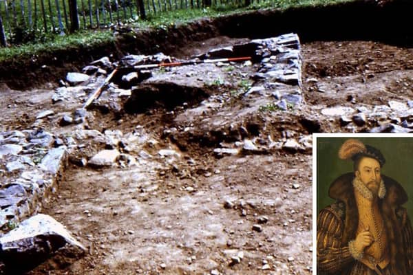 Archaeological photo of the excavation of the tower house of Boghall. Inset: Regent Moray who attacked Clydesdale in 1569, courtesy of Wiki Commons.