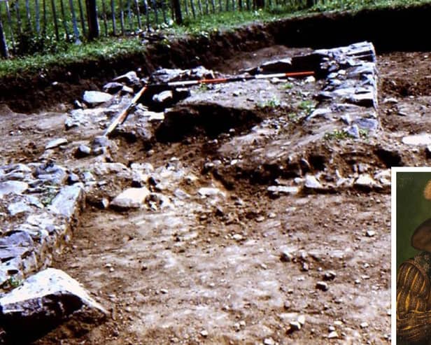 Archaeological photo of the excavation of the tower house of Boghall. Inset: Regent Moray who attacked Clydesdale in 1569, courtesy of Wiki Commons.