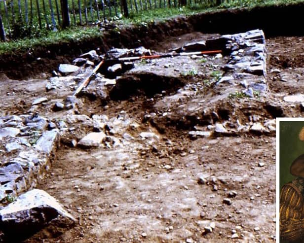 Archaeological photo of the excavation of the tower house of Boghall. Inset: Regent Moray who attacked Clydesdale in 1569, courtesy of Wiki Commons.