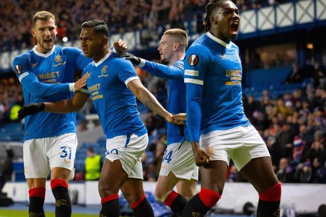 Rangers' Calvin Bassey celebrates Alfredo Morelos' opener against Sparta Prague. (Photo by Alan Harvey / SNS Group)