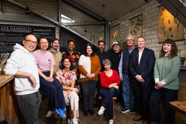 Pictured (from left to right) – Leong Chew, Sushi Riot; Anna Chew, Sushi Riot; Peter McKenna, The Gannet; Chiara Pieraccini-Partington, La Gelatessa; Fernanda Kimani, The Calabash Bar and Restaurant; Susan Aitken, Glasgow City Council Leader; Ajay Kumar, Swadish by Ajay Kumar; Severine Sloboda, Made from Grapes; Eddie Kim, Gomo Kimchi; Seumas MacInnes, Café Gandolfi; Stuart Patrick, Chief Executive, Glasgow Chamber of Commerce; and Dr Lindsay Middleton, University of Glasgow.
