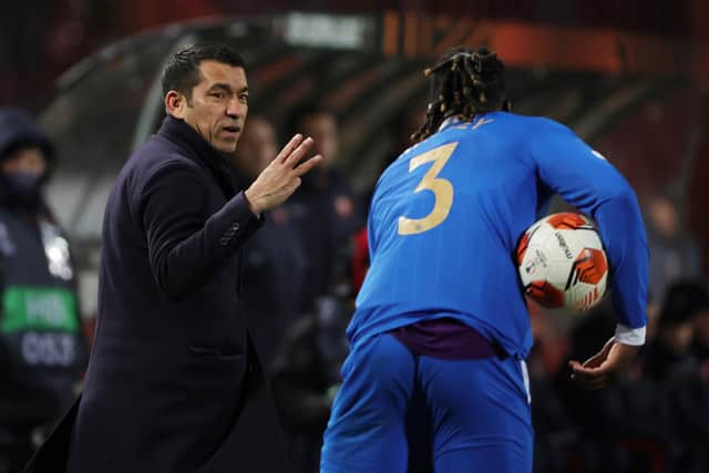 Rangers manager Giovanni van Bronckhorst passes instructions to Calvin Bassey during the Europa League match against Red Star Belgrade in Serbia. (Photo by Srdjan Stevanovic/Getty Images)