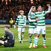 Celtic's Reo Hatate celebrates scoring his side's third goal in the 4-0 win over Motherwell.