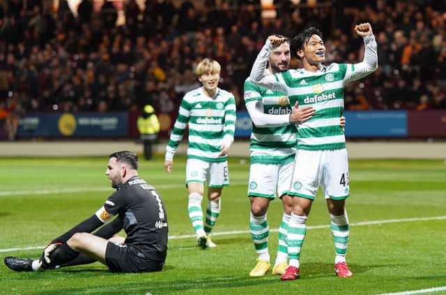 Celtic's Reo Hatate celebrates scoring his side's third goal in the 4-0 win over Motherwell.