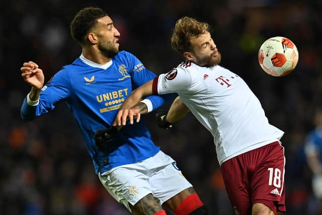 Rangers' English defender Connor Goldson (L) vies with Sparta Praha's Czech striker Matej Pulkrab during the UEFA Europa League Group A football match between Rangers and Sparta Prague at the Ibrox Stadium in Glasgow on November 25, 2021. (Photo by Paul ELLIS / POOL / AFP) (Photo by PAUL ELLIS/POOL/AFP via Getty Images)