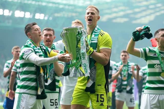 Celtic keeper Joe Hart celebrates with Scottish Premiership trophy