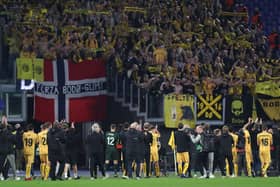 FK Bodo/Glimt players and staff applauds fans after their sides draw in the UEFA Europa Conference League group C match between AS Roma and FK Bodo/Glimt at Stadio Olimpico on November 04, 2021 in Rome, Italy. (Photo by Paolo Bruno/Getty Images)