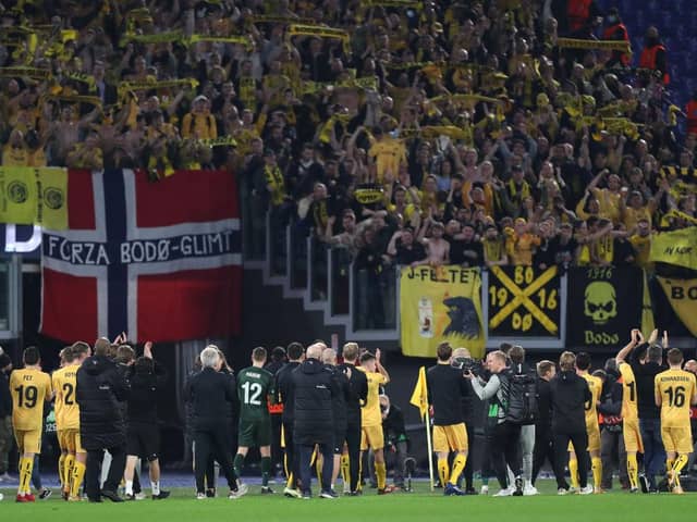 FK Bodo/Glimt players and staff applauds fans after their sides draw in the UEFA Europa Conference League group C match between AS Roma and FK Bodo/Glimt at Stadio Olimpico on November 04, 2021 in Rome, Italy. (Photo by Paolo Bruno/Getty Images)