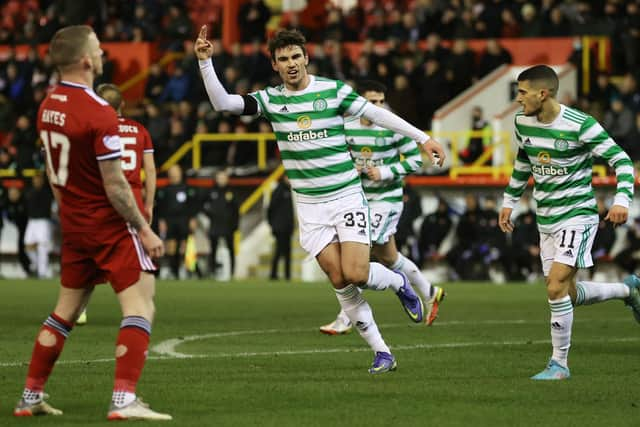 Matt O'Riley celebrates making it 2-0 to Celtic.