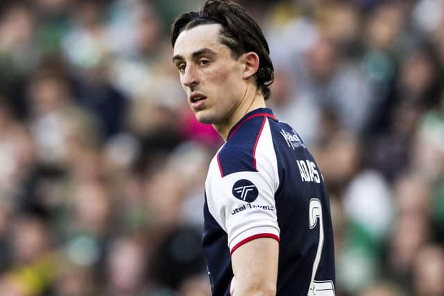 Keelan Adams playing away to Celtic for Falkirk in April 2026 (Photo by Craig Foy/SNS Group)