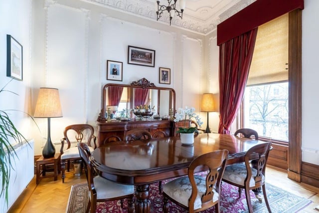 A dining area at the back of the drawing room.