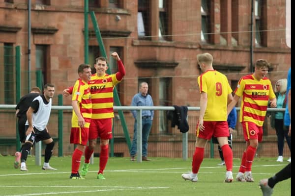 Celebrations after Daniel Kindlan's opener for Rossvale against Troon (pic: Mhairi Gordon)