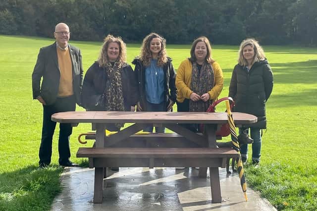 Councillor Colm Merrick and Kirsten Oswald MP (second, right) with Friends of Huntly Park administrators  Kirsty Duncan, Susan Grant and Pippa MacColl