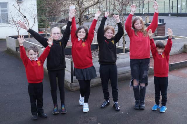 Chloe Robertson (third from left) celebrates her selection with her fellow Kirkfieldbank Primary court members. (Pic: John Prior)