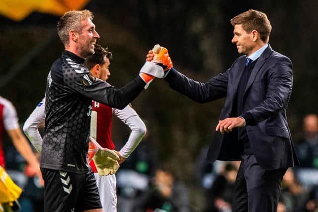 Steven Gerrard with Allan McGregor after Rangers' victory against Braga in Portugal in February