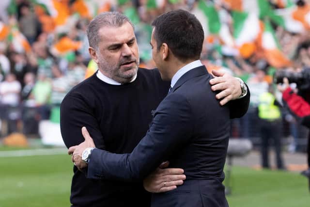 Celtic manager Ange Postecoglou with Rangers counterpart Giovanni van Bronckhorst after full-time at Hampden. (Photo by Alan Harvey / SNS Group)