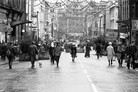 People doing Christmas shopping in a traffic-free Sauchiehall Street in December 1972.