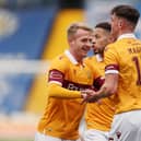 Jake Carroll (centre) and Robbie Crawford celebrate with goalscorer Barry Maguire at Kilmarnock (Pic by Ian McFadyen)