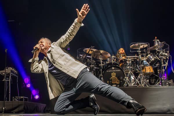 Jim Kerr, lead singer of Scottish rock band Simple Minds, and drummer Cherisse Osei at the First Direct Arena, Leeds, on the first night of the band’s European tour. The band will be playing in Glasgow at the end of March. 