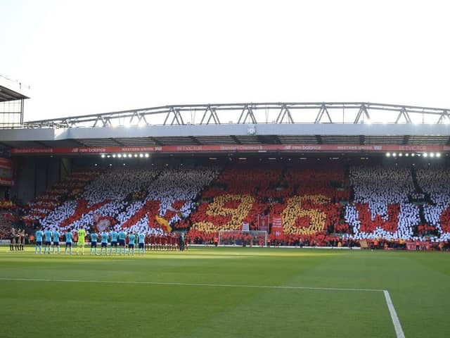 Players observe a minute of applause and unveil a special "96 mosaic" in the crowd to mark the 29th Anniversary of the Hillsborough tragedy in 2018.