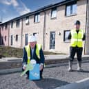 Councillor Danny Devlin is joined by CCG's trainee deputy site manager Darrell Wilson and site manager Joe Hunter as he visits the Balgraystone Road development in Barrhead © Gibson Digital 2021