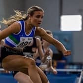 Jenna Hilditch on her way to the Scottish indoor hurdles title (pic: Bobby Gavin)