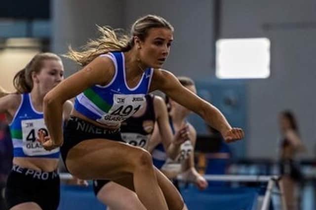 Jenna Hilditch on her way to the Scottish indoor hurdles title (pic: Bobby Gavin)