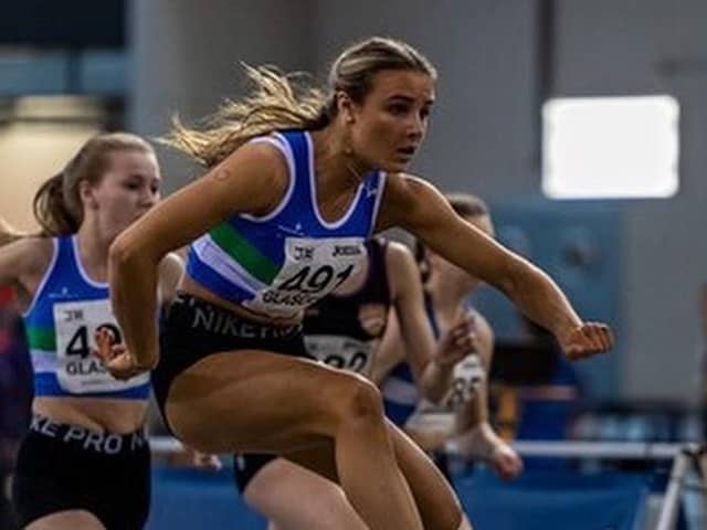 Jenna Hilditch on her way to the Scottish indoor hurdles title (pic: Bobby Gavin)