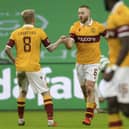 Motherwell's Allan Campbell celebrates a goal with Robbie Crawford during their side's Scottish Premiership match against Celtic on Saturday, February 6 , 2021. Photo: Steve Welsh. 