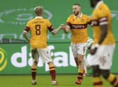 Motherwell's Allan Campbell celebrates a goal with Robbie Crawford during their side's Scottish Premiership match against Celtic on Saturday, February 6 , 2021. Photo: Steve Welsh. 