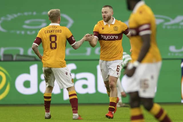 Motherwell's Allan Campbell celebrates a goal with Robbie Crawford during their side's Scottish Premiership match against Celtic on Saturday, February 6 , 2021. Photo: Steve Welsh. 