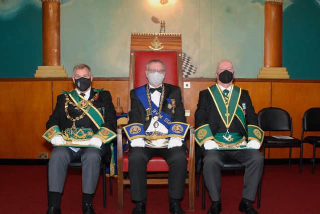 Pic (l -r) Grand Master Mason, Ramsay McGhee, RWM of Lodge Thorntree, Stuart Lauder and Depute Provincial Grand Master Mason, Ronnie Fraser.
