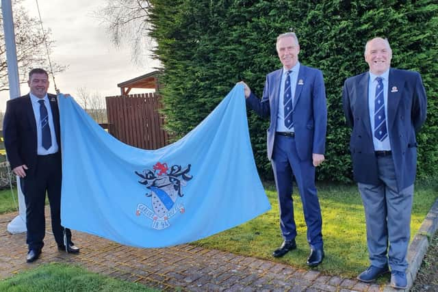 Carluke GC captain Bill Dodds, vice captain John Cleland and past captain Malcolm Bowden on opening day