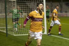 Callum Lang celebrates scoring for Motherwell in 5-1 home win over Glentoran in August 2020