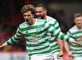 Celtic winger Jota celebrates after scoring his late winner Pittodrie.  (Photo by Alan Harvey / SNS Group)