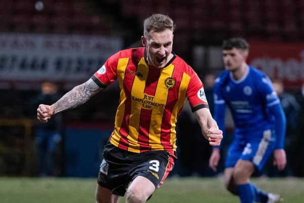Thistle's Kevin Holt celebrates making it 1-0 during the cinch Championship match between Partick Thistle and Queen of the South at Firhill, on March 08, 2022, in Glasgow, Scotland.  (Photo by Ross MacDonald / SNS Group)