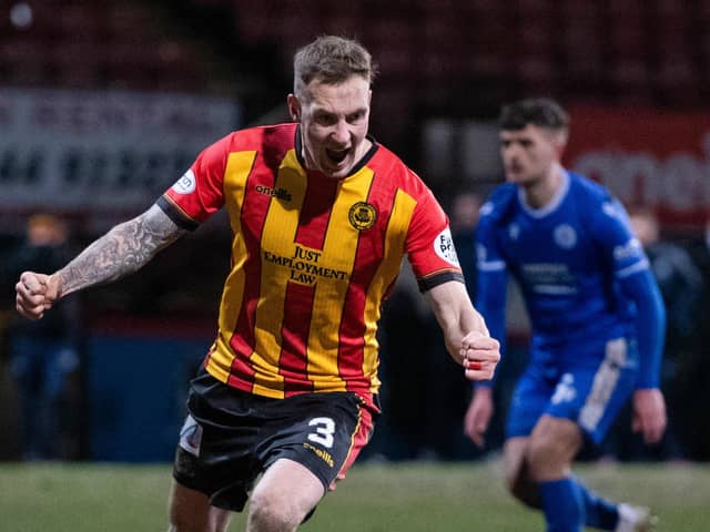 Thistle's Kevin Holt celebrates making it 1-0 during the cinch Championship match between Partick Thistle and Queen of the South at Firhill, on March 08, 2022, in Glasgow, Scotland.  (Photo by Ross MacDonald / SNS Group)