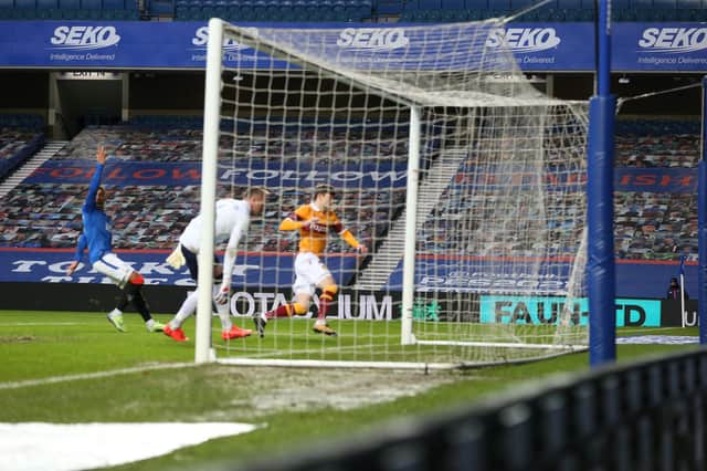 Callum Lang shoots Motherwell ahead at Ibrox on Saturday