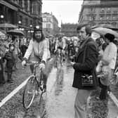 Scottish entertainer Billy Connolly leaves Glasgow on a sponsored cycle ride to Inverness in August 1980. Billy sets off from a rain-soaked George Square