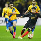 Rangers goalscorer Ianis Hagi is challenged by Brondby's Blas Riveros during the 1-1 Europa League Group A draw in Denmark. (Photo by MARTIN SYLVEST/Ritzau Scanpix/AFP via Getty Images)