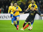 Rangers goalscorer Ianis Hagi is challenged by Brondby's Blas Riveros during the 1-1 Europa League Group A draw in Denmark. (Photo by MARTIN SYLVEST/Ritzau Scanpix/AFP via Getty Images)