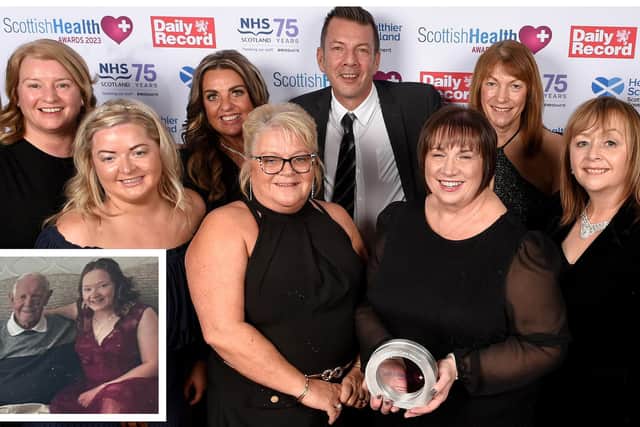 The team with their recent Scottish Health Award and inset Mike Hobbs, pictured with his grandaughter, who received exceptional care in his final days.