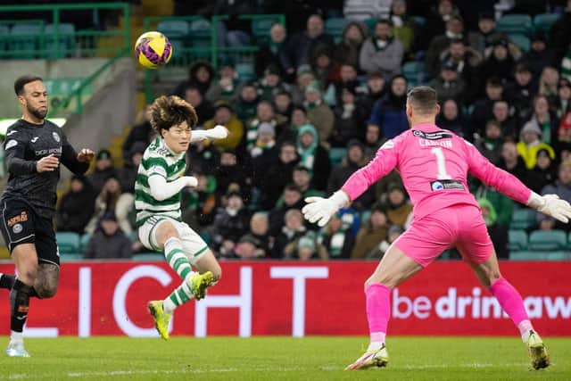 Celtic's Kyogo Furuhashi scores to make it 2-0 against St Mirren.  (Photo by Craig Williamson / SNS Group)