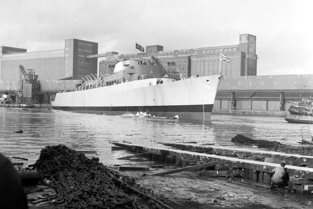 County class destroyer HMS Antrim slips into the River Clyde after being launched from Fairfield shipyard in Govan in October 1967.