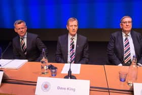 Former Rangers chairman Dave King (centre) with managing director Stewart Robertson (left) and current chairman Douglas Park (right) at the club's annual general meeting in November 2017. (Photo by Alan Harvey/SNS Group).